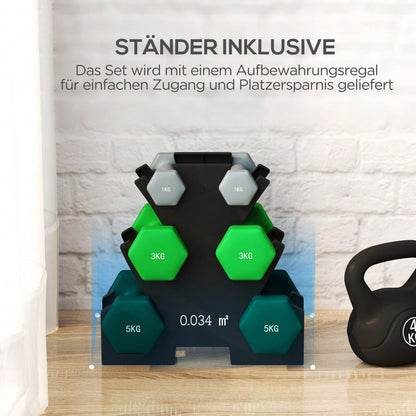 SPORTNOW Hanteln Set 6 Kurzhanteln mit Hantelständer, 2 x 1kg, 2 x 3kg, 2 x 5kg Hantelset aus Metall für Fitness, Gymnastik, Zuhause