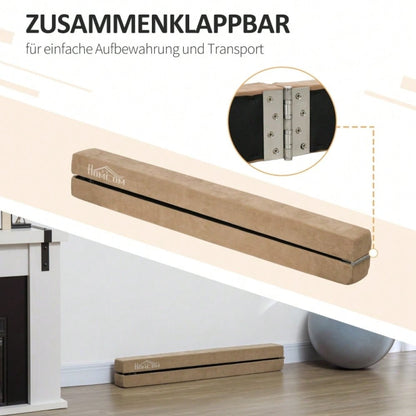 HOMCOM Faltbarer Schwebebalken, rutschfest, Wildlederbezug, robustes Holz, 210 x 10 x 6,5 cm, Braun