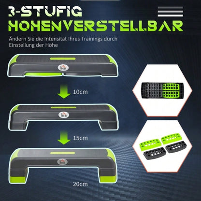 HOMCOM Aerobik-Stepper, 3-stufig höhenverstellbar, bis 150 kg, 78 x 28 x 20 cm, Grau/Grün