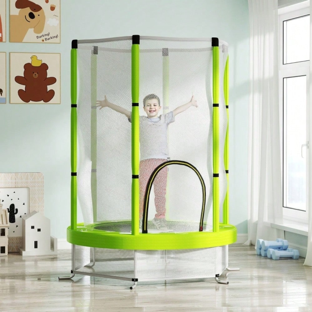 AIYAPLAY Kinder Trampolin Ø140 cm, Indoor Trampolin mit Sicherheitsnetz Randabdeckung Gummiseil, Kindertrampolin mit Tür mit Reißverschluss, Wolken-Muster, für Kinder 3-6 Jahre Grün