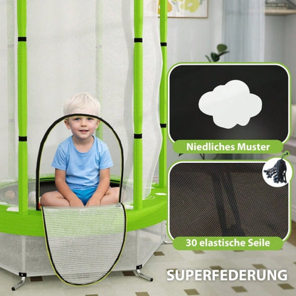AIYAPLAY Kinder Trampolin Ø140 cm, Indoor Trampolin mit Sicherheitsnetz Randabdeckung Gummiseil, Kindertrampolin mit Tür mit Reißverschluss, Wolken-Muster, für Kinder 3-6 Jahre Grün