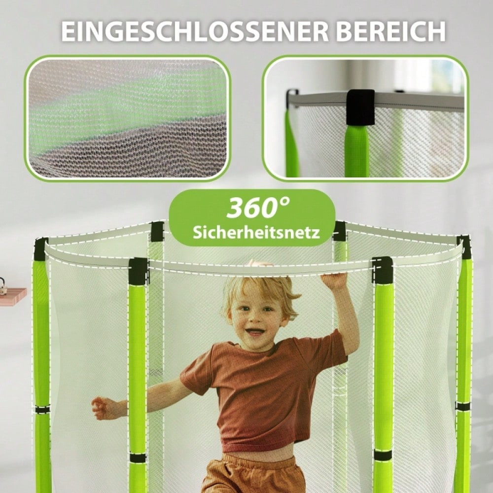 AIYAPLAY Kinder Trampolin Ø140 cm, Indoor Trampolin mit Sicherheitsnetz Randabdeckung Gummiseil, Kindertrampolin mit Tür mit Reißverschluss, Wolken-Muster, für Kinder 3-6 Jahre Grün