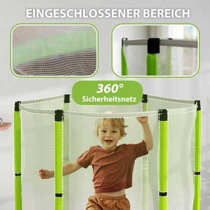 AIYAPLAY Kinder Trampolin Ø140 cm, Indoor Trampolin mit Sicherheitsnetz Randabdeckung Gummiseil, Kindertrampolin mit Tür mit Reißverschluss, Wolken-Muster, für Kinder 3-6 Jahre Grün