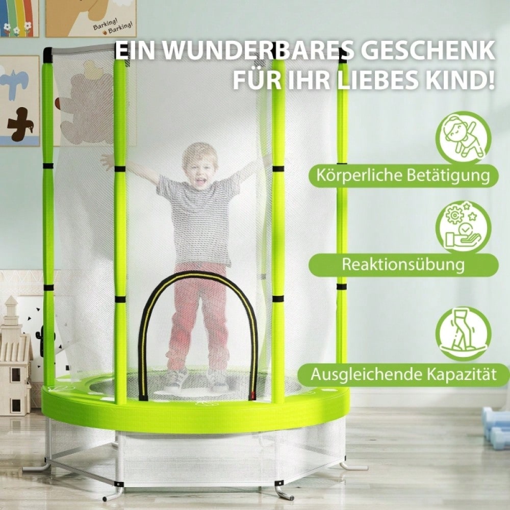 AIYAPLAY Kinder Trampolin Ø140 cm, Indoor Trampolin mit Sicherheitsnetz Randabdeckung Gummiseil, Kindertrampolin mit Tür mit Reißverschluss, Wolken-Muster, für Kinder 3-6 Jahre Grün