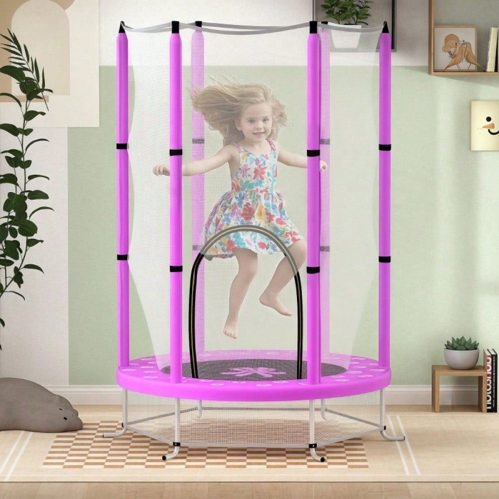 AIYAPLAY Kinder Trampolin Ø140 cm, Indoor Trampolin mit Sicherheitsnetz Randabdeckung Gummiseil, Kindertrampolin mit Tür mit Reißverschluss, Wolken-Muster, für Kinder 3-6 Jahre Violett