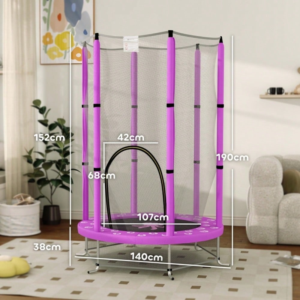 AIYAPLAY Kinder Trampolin Ø140 cm, Indoor Trampolin mit Sicherheitsnetz Randabdeckung Gummiseil, Kindertrampolin mit Tür mit Reißverschluss, Wolken-Muster, für Kinder 3-6 Jahre Violett