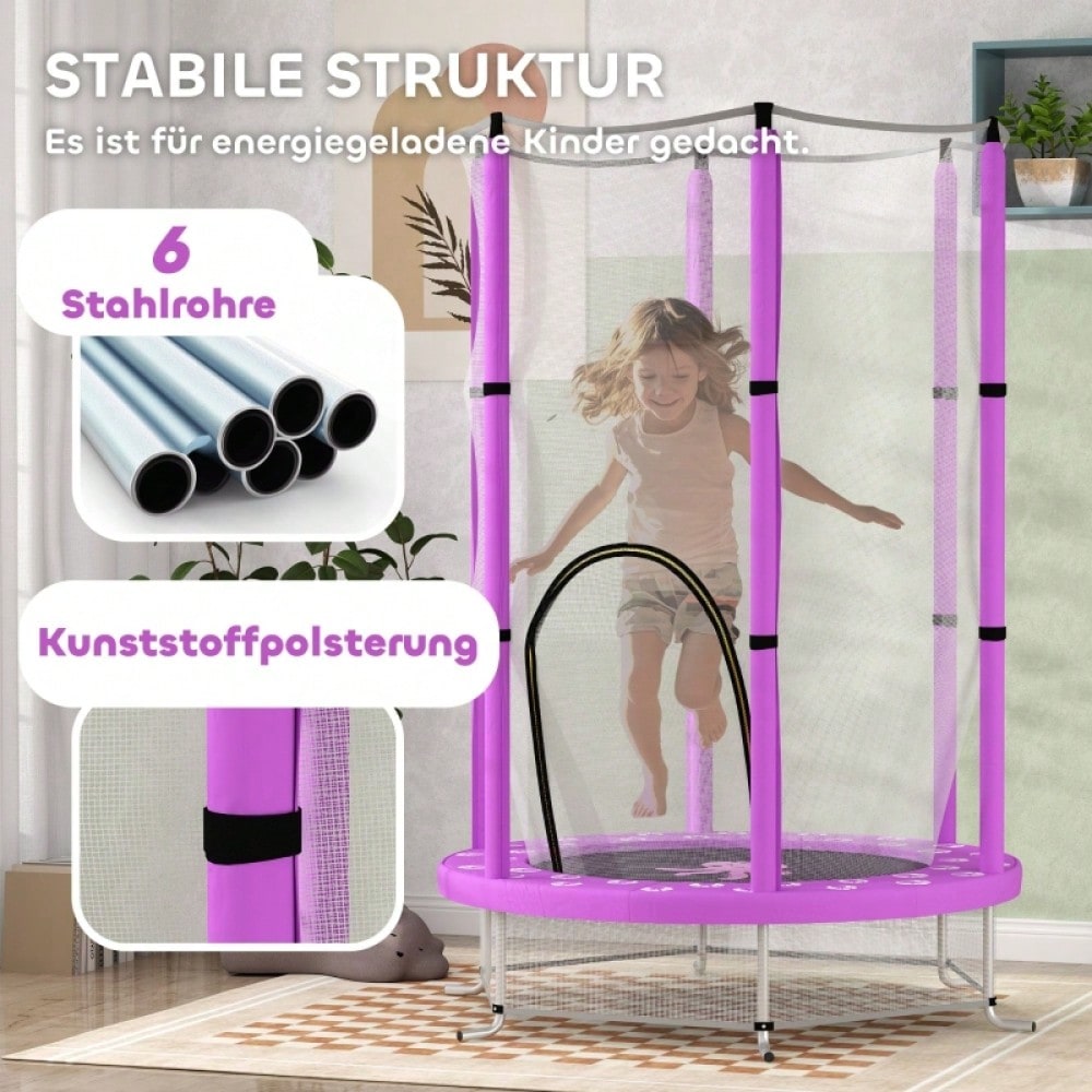 AIYAPLAY Kinder Trampolin Ø140 cm, Indoor Trampolin mit Sicherheitsnetz Randabdeckung Gummiseil, Kindertrampolin mit Tür mit Reißverschluss, Wolken-Muster, für Kinder 3-6 Jahre Violett