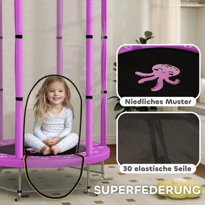 AIYAPLAY Kinder Trampolin Ø140 cm, Indoor Trampolin mit Sicherheitsnetz Randabdeckung Gummiseil, Kindertrampolin mit Tür mit Reißverschluss, Wolken-Muster, für Kinder 3-6 Jahre Violett