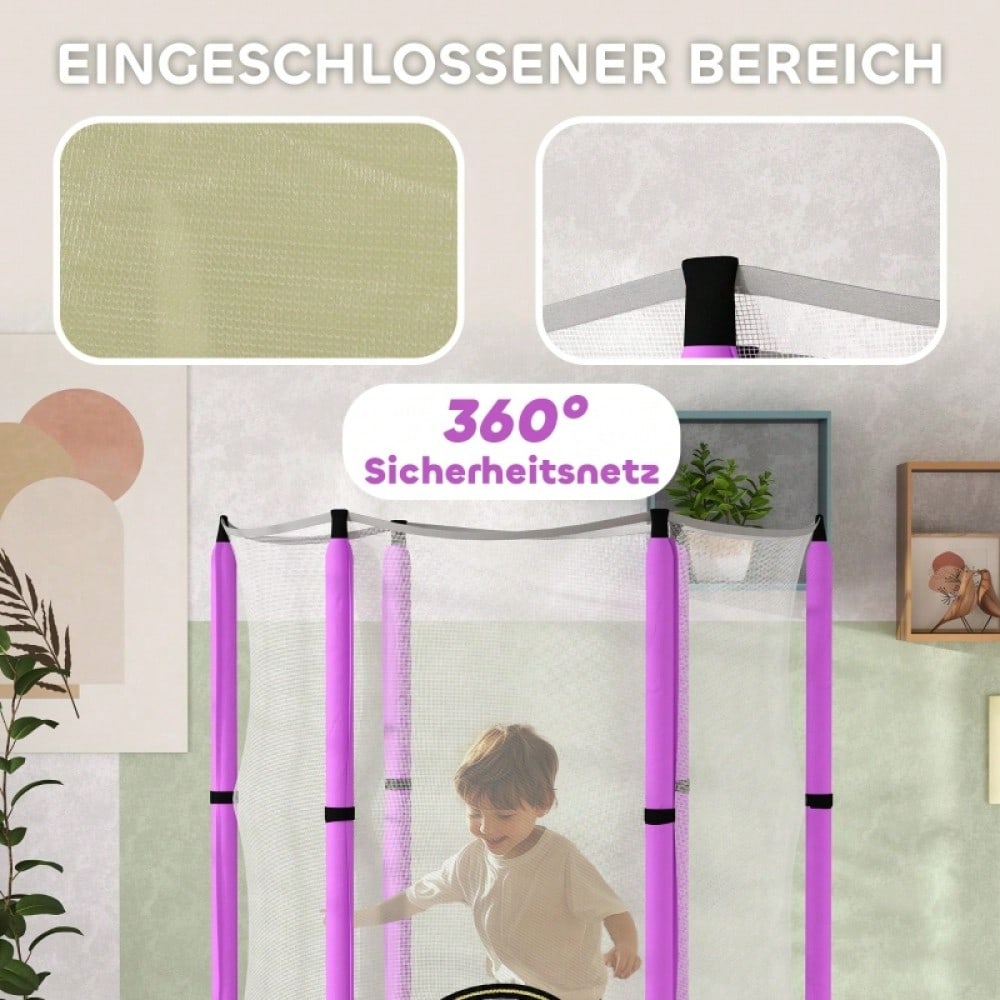 AIYAPLAY Kinder Trampolin Ø140 cm, Indoor Trampolin mit Sicherheitsnetz Randabdeckung Gummiseil, Kindertrampolin mit Tür mit Reißverschluss, Wolken-Muster, für Kinder 3-6 Jahre Violett