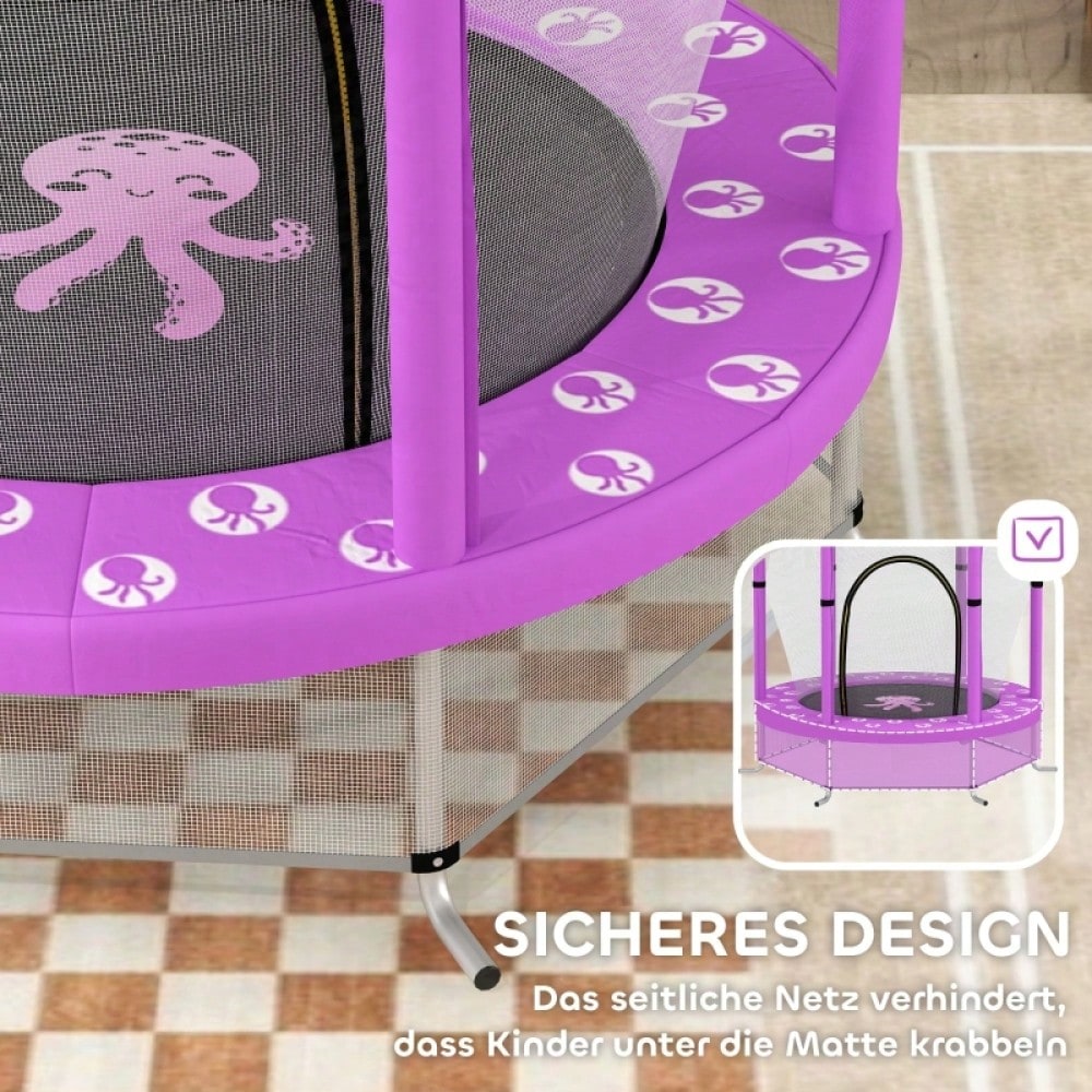 AIYAPLAY Kinder Trampolin Ø140 cm, Indoor Trampolin mit Sicherheitsnetz Randabdeckung Gummiseil, Kindertrampolin mit Tür mit Reißverschluss, Wolken-Muster, für Kinder 3-6 Jahre Violett