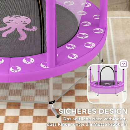 AIYAPLAY Kinder Trampolin Ø140 cm, Indoor Trampolin mit Sicherheitsnetz Randabdeckung Gummiseil, Kindertrampolin mit Tür mit Reißverschluss, Wolken-Muster, für Kinder 3-6 Jahre Violett