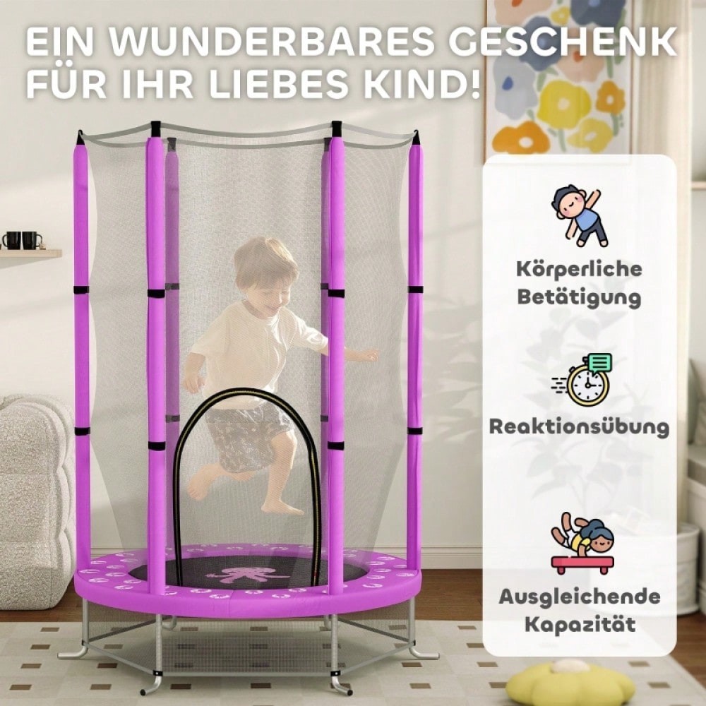 AIYAPLAY Kinder Trampolin Ø140 cm, Indoor Trampolin mit Sicherheitsnetz Randabdeckung Gummiseil, Kindertrampolin mit Tür mit Reißverschluss, Wolken-Muster, für Kinder 3-6 Jahre Violett