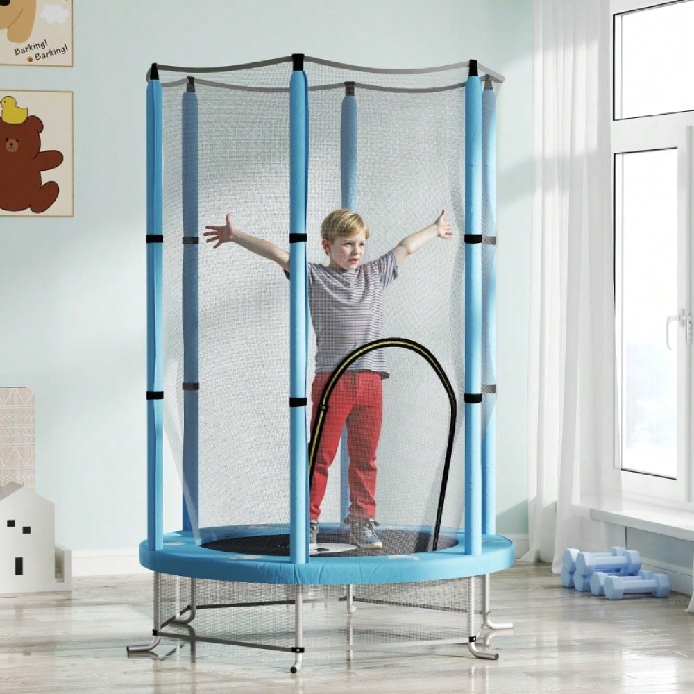 AIYAPLAY Kinder Trampolin Ø140 cm, Indoor Trampolin mit Sicherheitsnetz Randabdeckung Gummiseil, Kindertrampolin mit Tür mit Reißverschluss, Tintenfisch-Muster, für Kinder 3-6 Jahre Hellblau
