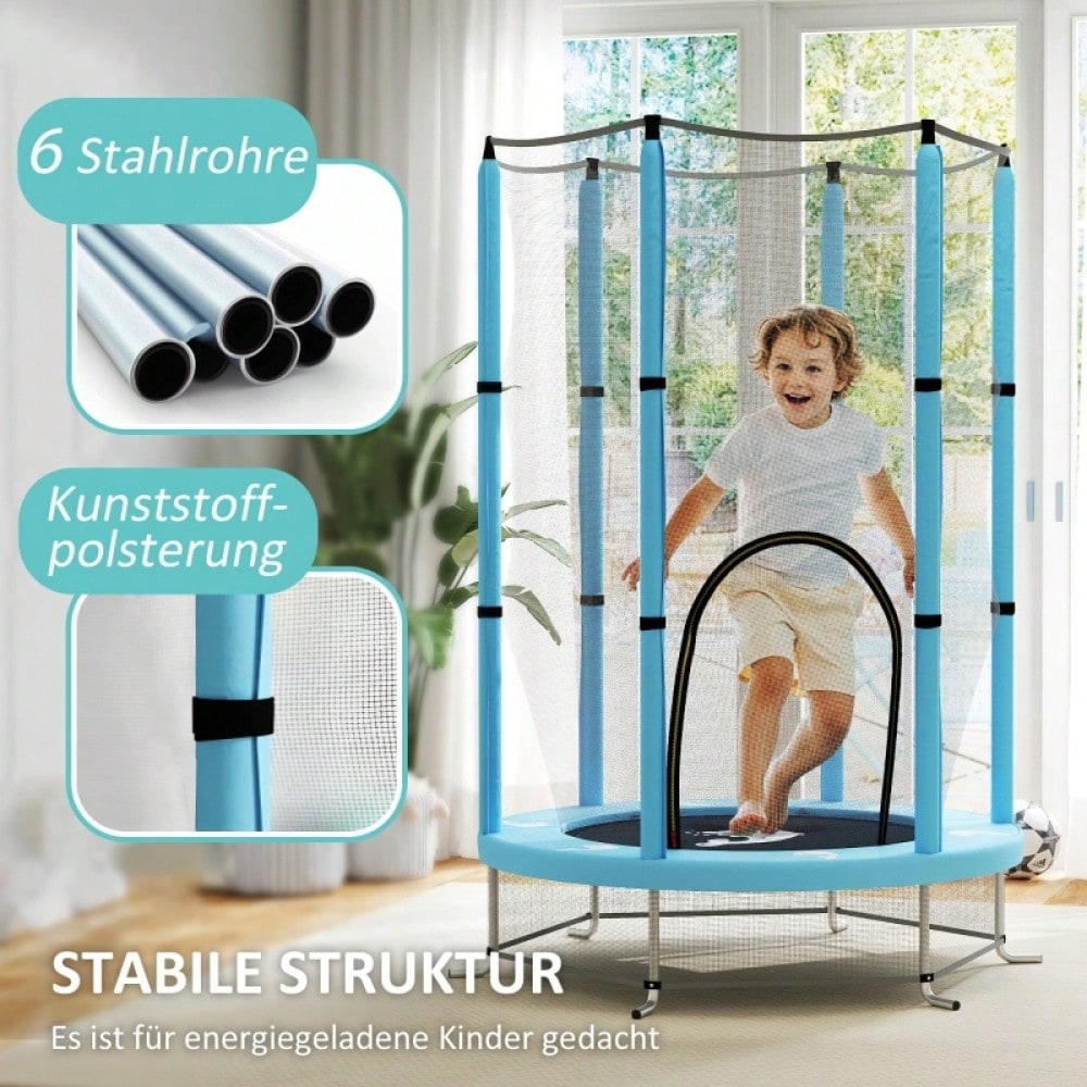 AIYAPLAY Kinder Trampolin Ø140 cm, Indoor Trampolin mit Sicherheitsnetz Randabdeckung Gummiseil, Kindertrampolin mit Tür mit Reißverschluss, Tintenfisch-Muster, für Kinder 3-6 Jahre Hellblau