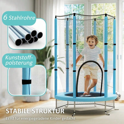 AIYAPLAY Kinder Trampolin Ø140 cm, Indoor Trampolin mit Sicherheitsnetz Randabdeckung Gummiseil, Kindertrampolin mit Tür mit Reißverschluss, Tintenfisch-Muster, für Kinder 3-6 Jahre Hellblau