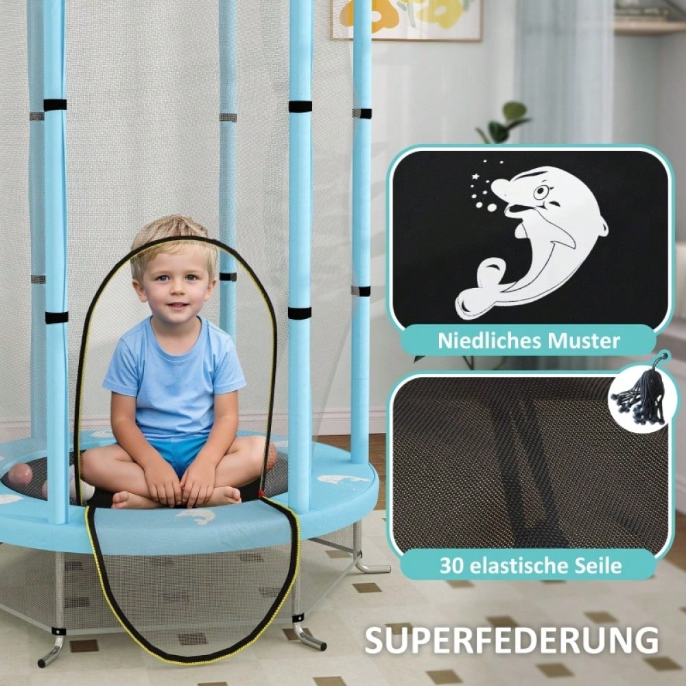 AIYAPLAY Kinder Trampolin Ø140 cm, Indoor Trampolin mit Sicherheitsnetz Randabdeckung Gummiseil, Kindertrampolin mit Tür mit Reißverschluss, Tintenfisch-Muster, für Kinder 3-6 Jahre Hellblau