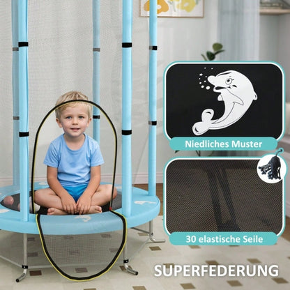 AIYAPLAY Kinder Trampolin Ø140 cm, Indoor Trampolin mit Sicherheitsnetz Randabdeckung Gummiseil, Kindertrampolin mit Tür mit Reißverschluss, Tintenfisch-Muster, für Kinder 3-6 Jahre Hellblau