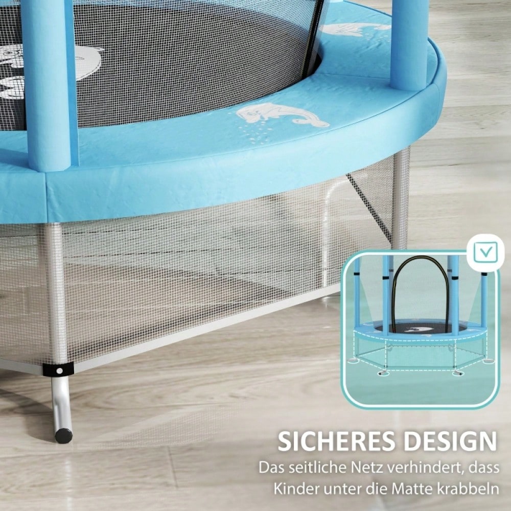 AIYAPLAY Kinder Trampolin Ø140 cm, Indoor Trampolin mit Sicherheitsnetz Randabdeckung Gummiseil, Kindertrampolin mit Tür mit Reißverschluss, Tintenfisch-Muster, für Kinder 3-6 Jahre Hellblau