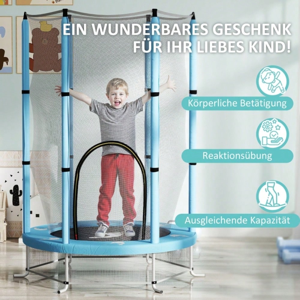 AIYAPLAY Kinder Trampolin Ø140 cm, Indoor Trampolin mit Sicherheitsnetz Randabdeckung Gummiseil, Kindertrampolin mit Tür mit Reißverschluss, Tintenfisch-Muster, für Kinder 3-6 Jahre Hellblau