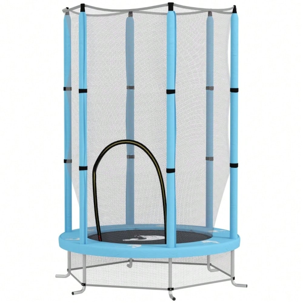 AIYAPLAY Kinder Trampolin Ø140 cm, Indoor Trampolin mit Sicherheitsnetz Randabdeckung Gummiseil, Kindertrampolin mit Tür mit Reißverschluss, Tintenfisch-Muster, für Kinder 3-6 Jahre Hellblau
