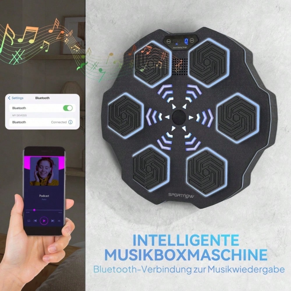 SPORTNOW Music Boxing Machine, elektronische Bluetooth Boxmaschine mit Musik, 9 Geschwindigkeit 3 Modi, Wandmontiertes Smart Boxziel mit LED-Leuchten, für Erwachsene, Heimübungen, Schwarz