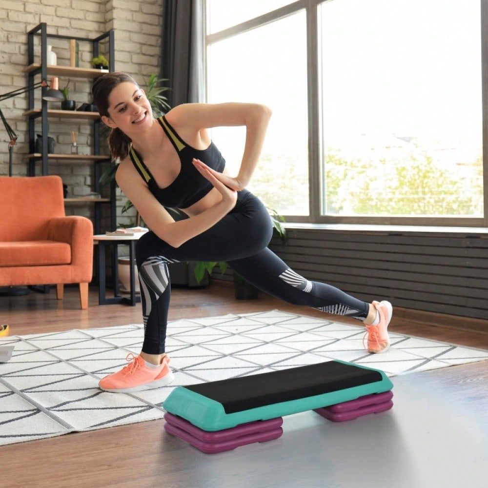 HOMCOM Steppbrett Aerobic Fitness Heimtrainer Stepper höhenverstellbar 10cm 15cm 20cm PVC PP Schwarz Grün Violett 110x40x20cm für effektives Training