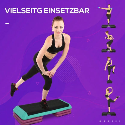 HOMCOM Steppbrett Aerobic Fitness Heimtrainer Stepper höhenverstellbar 10cm 15cm 20cm PVC PP Schwarz Grün Violett 110x40x20cm für effektives Training