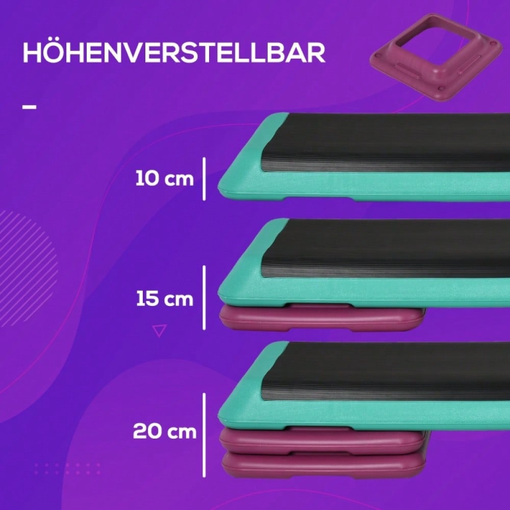 HOMCOM Steppbrett Aerobic Fitness Heimtrainer Stepper höhenverstellbar 10cm 15cm 20cm PVC PP Schwarz Grün Violett 110x40x20cm für effektives Training