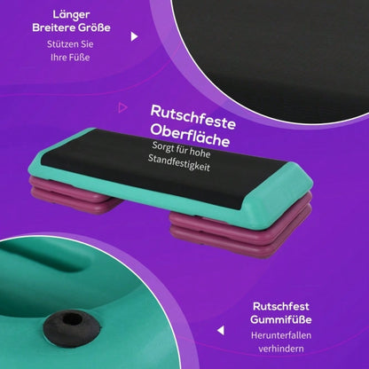 HOMCOM Steppbrett Aerobic Fitness Heimtrainer Stepper höhenverstellbar 10cm 15cm 20cm PVC PP Schwarz Grün Violett 110x40x20cm für effektives Training