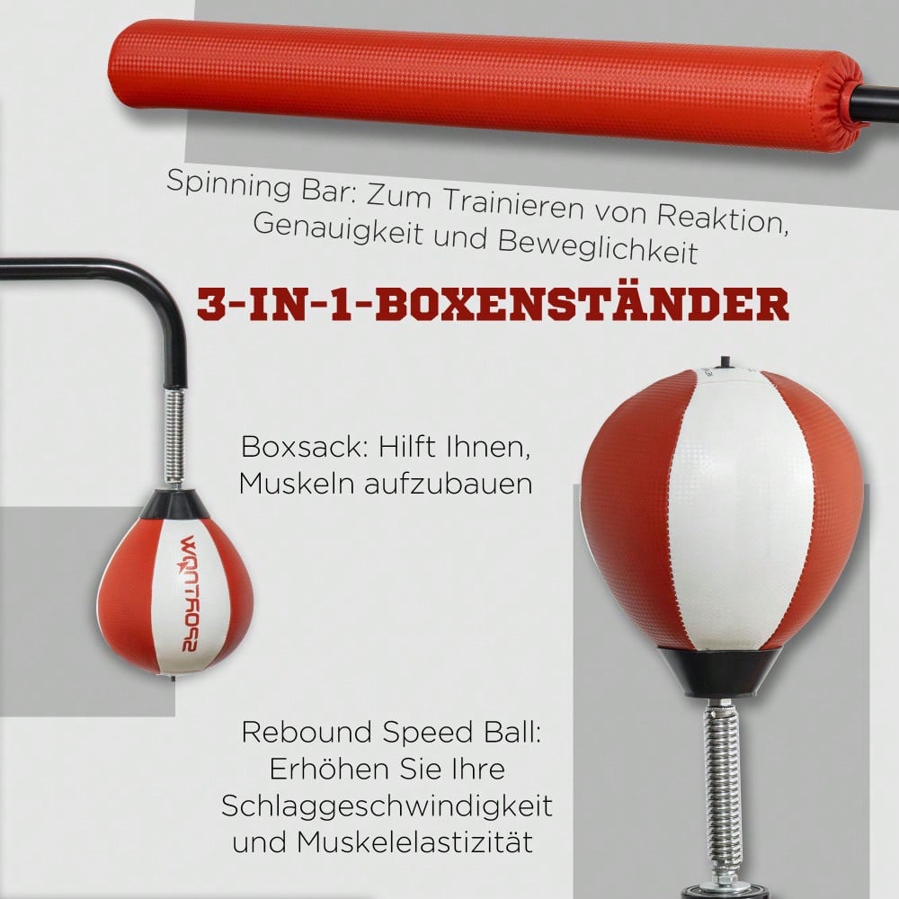 SPORTNOW Standbox 140-205cm freistehender Boxsack höhenverstellbar mit 2 Speedbällen Reflexstange Saugnapf-Basis für Erwachsene