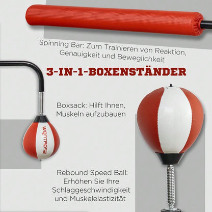 SPORTNOW Standbox 140-205cm freistehender Boxsack höhenverstellbar mit 2 Speedbällen Reflexstange Saugnapf-Basis für Erwachsene
