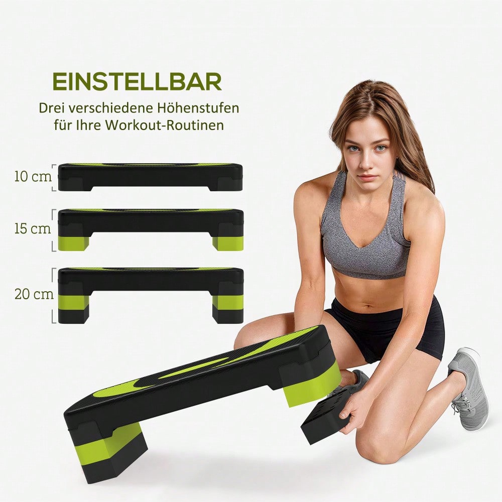 HOMCOM Steppbrett Aerobic-Stepper höhenverstellbar mit 3 Stufen (10/15/20 cm) Fitness Heimtrainer für Indoor Outdoor Belastbarkeit bis 150 kg Grün