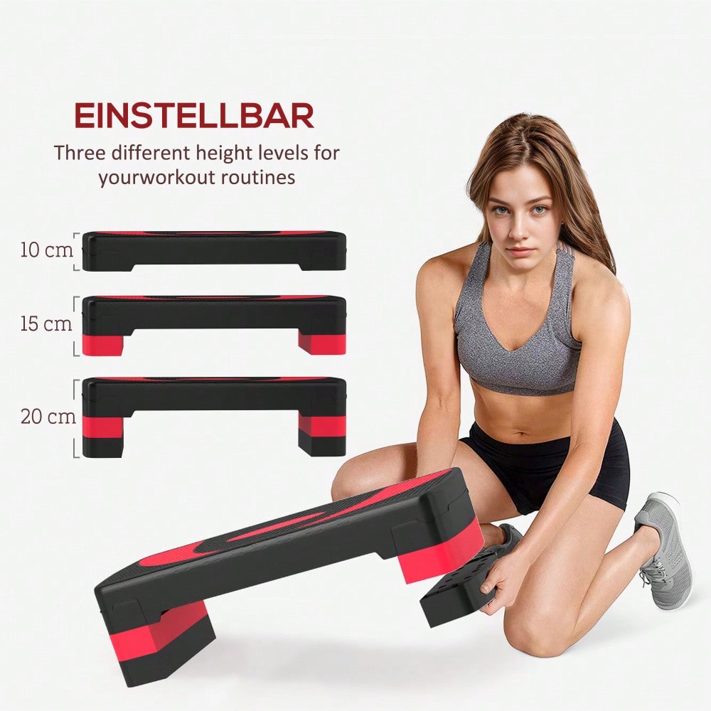 HOMCOM Steppbrett Aerobic-Stepper höhenverstellbar mit 3 Stufen (10/15/20 cm) Fitness Heimtrainer für Indoor Outdoor Belastbarkeit bis 150 kg Rot