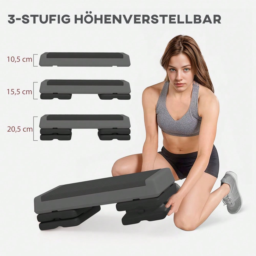 SPORTNOW Aerobic-Stepper, 10,5/15,5/20,5cm Höhenverstellbare Steppbrett, rutschfest, für Zuhause, Fitnessstudio, Büro, Kunststoff, Grau
