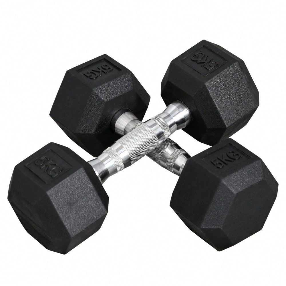 HOMCOM Hexagon Kurzhanteln 2er Set, 2x5 KG, Gusseisen mit Gummiüberzug, Schwarz
