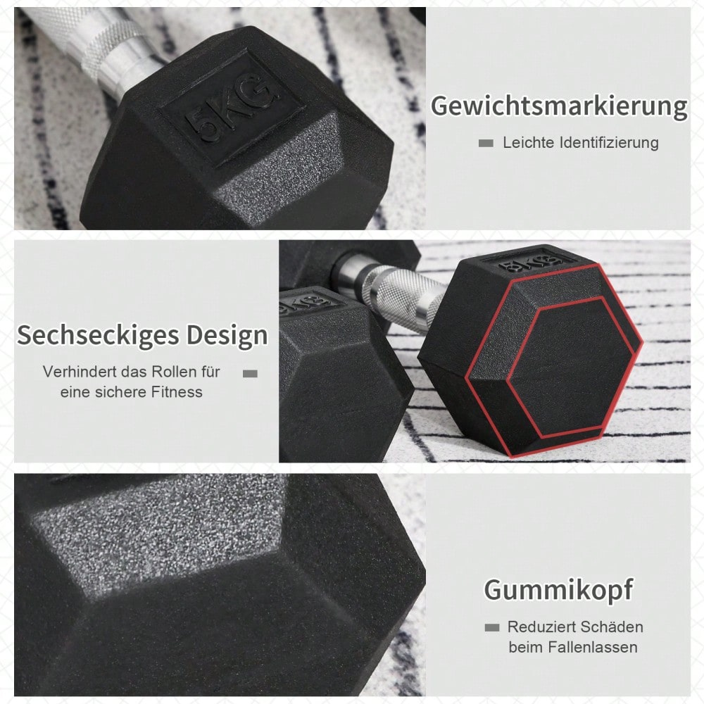 HOMCOM Hexagon Kurzhanteln 2er Set, 2x5 KG, Gusseisen mit Gummiüberzug, Schwarz