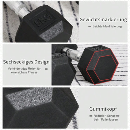 HOMCOM Hexagon Kurzhanteln 2er Set, 2x5 KG, Gusseisen mit Gummiüberzug, Schwarz