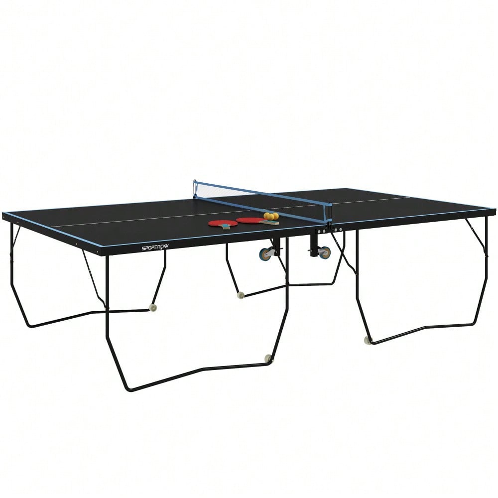 SPORTNOW Tischtennisplatte Outdoor, Klappbar Tischtennistsich mit Netz, Rollen, 2 Tischtennisschlägern und 3 Bällen, Stahl, Schwarz, 274 x 152,5 x 76 cm