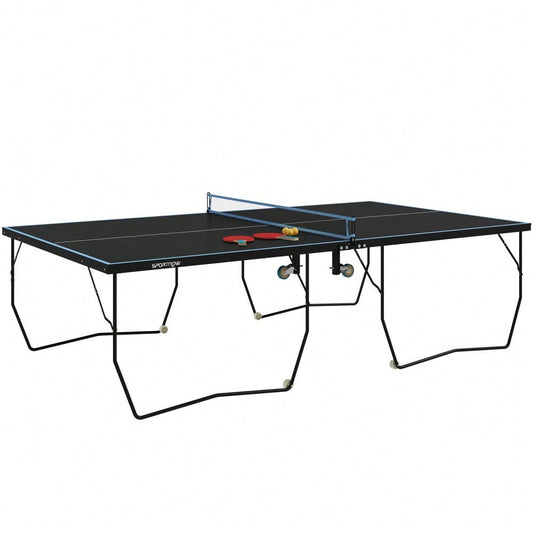 SPORTNOW Tischtennisplatte Outdoor, Klappbar Tischtennistsich mit Netz, Rollen, 2 Tischtennisschlägern und 3 Bällen, Stahl, Schwarz, 274 x 152,5 x 76 cm