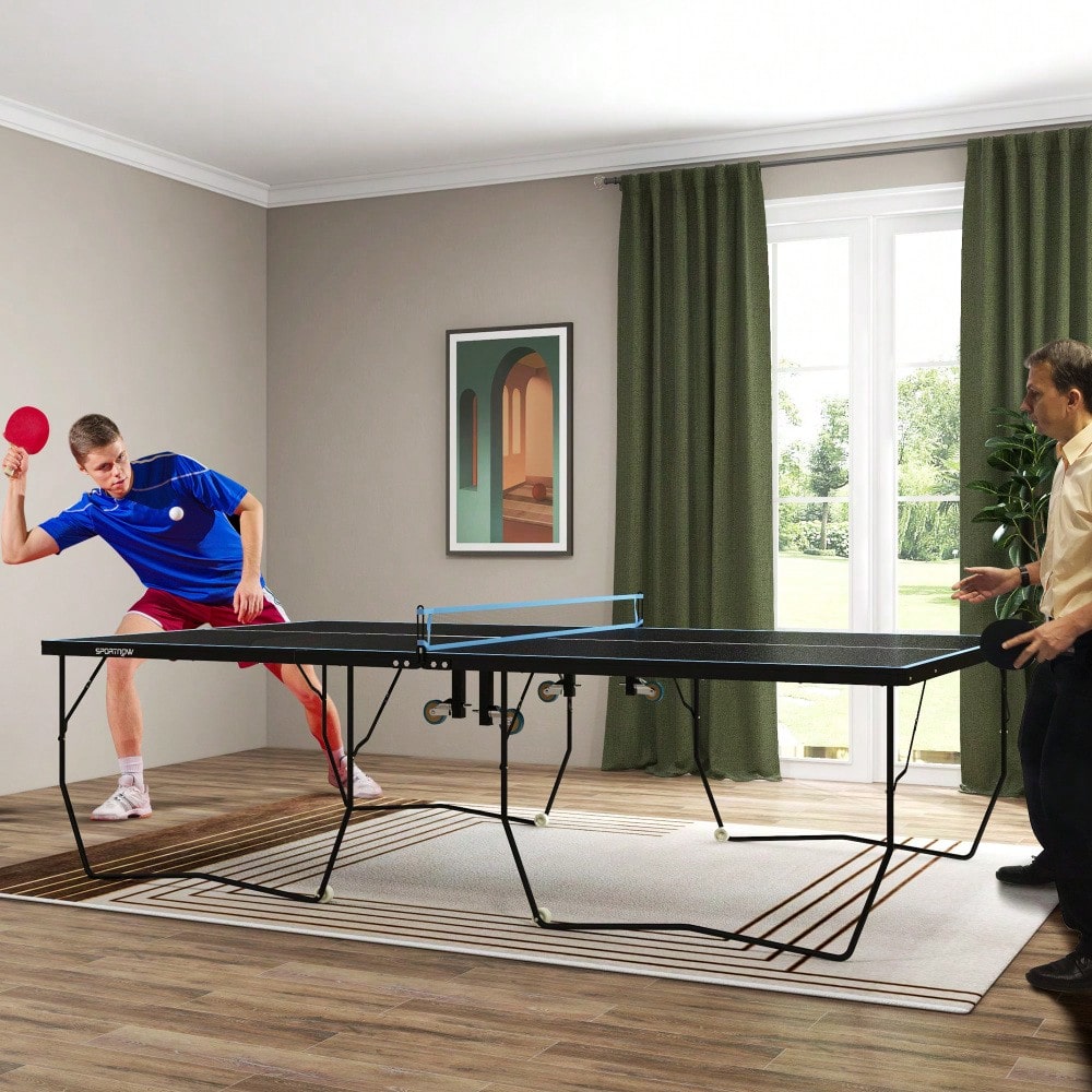 SPORTNOW Tischtennisplatte Outdoor, Klappbar Tischtennistsich mit Netz, Rollen, 2 Tischtennisschlägern und 3 Bällen, Stahl, Schwarz, 274 x 152,5 x 76 cm