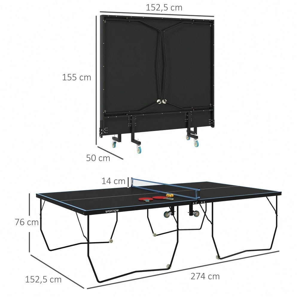 SPORTNOW Tischtennisplatte Outdoor, Klappbar Tischtennistsich mit Netz, Rollen, 2 Tischtennisschlägern und 3 Bällen, Stahl, Schwarz, 274 x 152,5 x 76 cm
