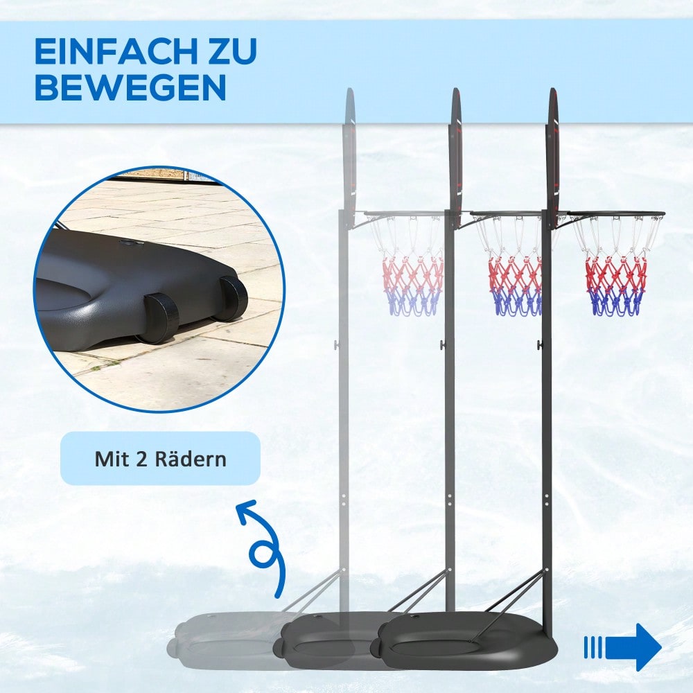 SPORTNOW Basketballkorb höhenverstellbar 221-282cm bruchsichere Rückwand mit Rädern für Erwachsene, stabile Stahlkonstruktion in Schwarz