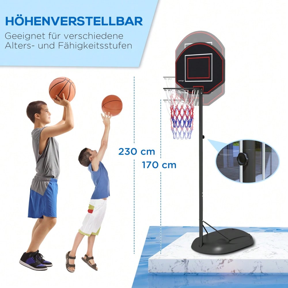 SPORTNOW Basketballkorb höhenverstellbar 221-282cm bruchsichere Rückwand mit Rädern für Erwachsene, stabile Stahlkonstruktion in Schwarz