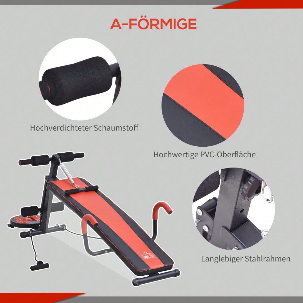 HOMCOM Sit Up Bank verstellbare Bauchtrainer Trainingsbank gepolstert 120kg belastbar Rot Schwarz 166x53x52-60cm für effektives Bauchtraining