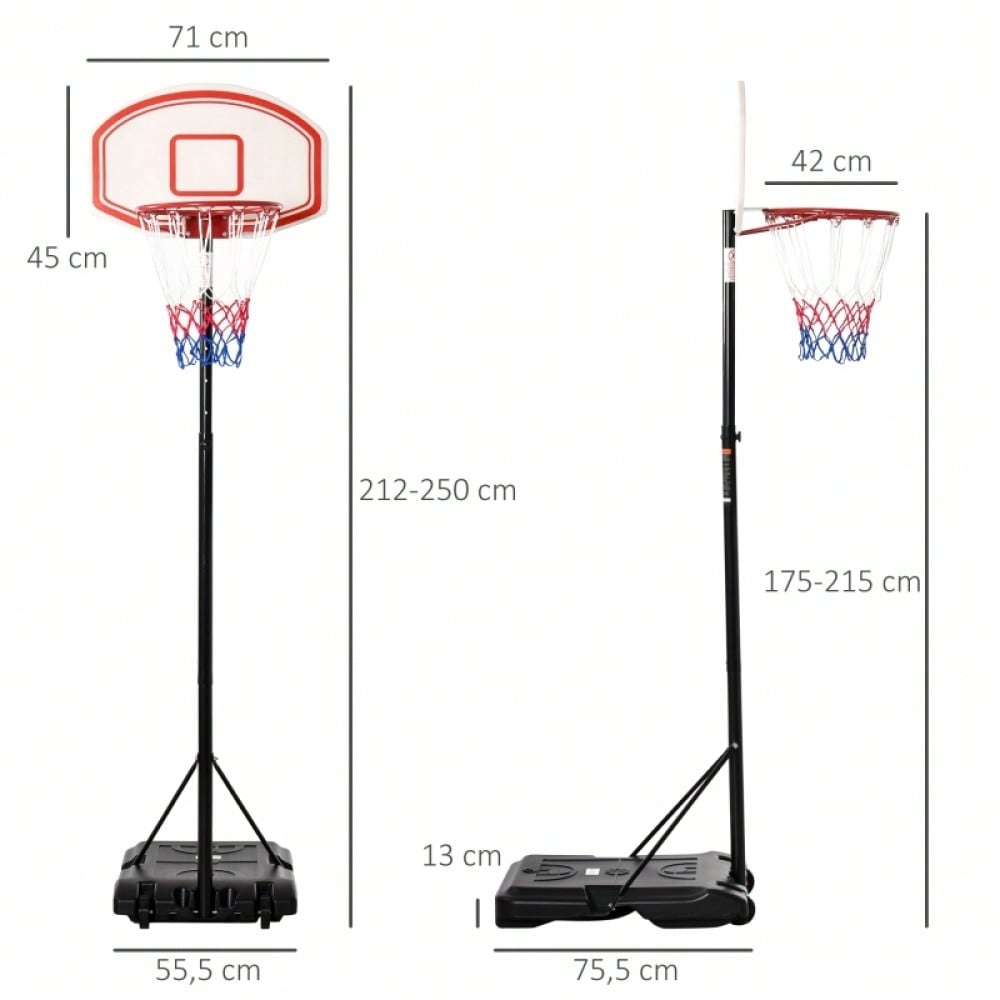 HOMCOM Basketballkorb Outdoor, Höhenverstellbar (212-250 cm), Tragbar mit Rollen, Standfuß aus Metall, für Garten & Driveway, Schwarz/Weiß