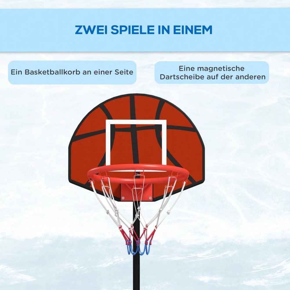 SPORTNOW 2-in-1 Kinder Basketballkorb mit Magnet-Dartscheibe, Höhenverstellbar (129-179 cm) für Indoor & Outdoor, inkl. Standfuß und Ball