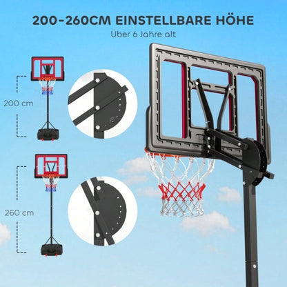 AIYAPLAY Kinder Basketballkorb Höhenverstellbar (200-260 cm), Mobile Basketballanlage mit Rollen & Gewichtssack für Outdoor, Garten, ab 6 Jahren (Rot)