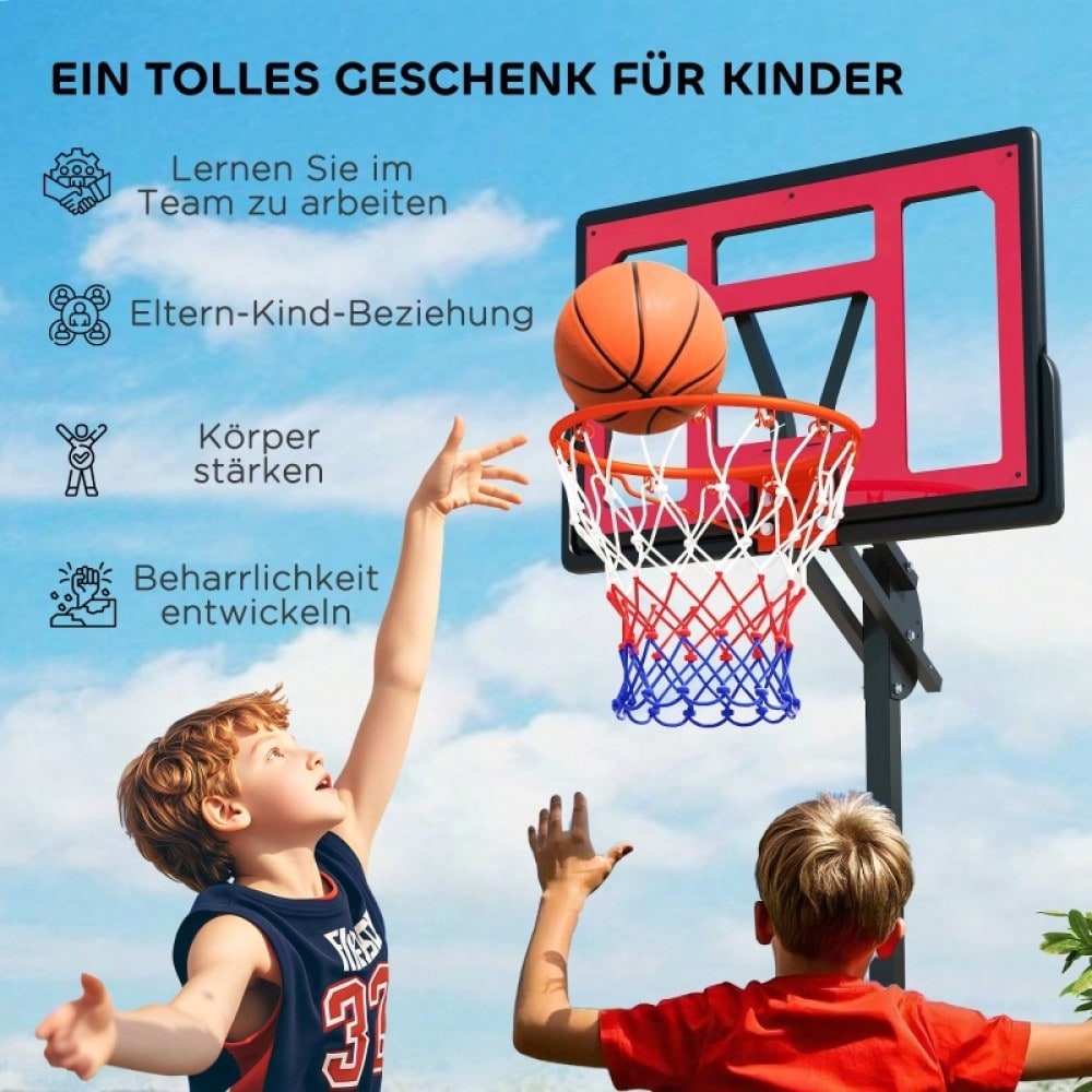 AIYAPLAY Kinder Basketballkorb Höhenverstellbar (200-260 cm), Mobile Basketballanlage mit Rollen & Gewichtssack für Outdoor, Garten, ab 6 Jahren (Rot)