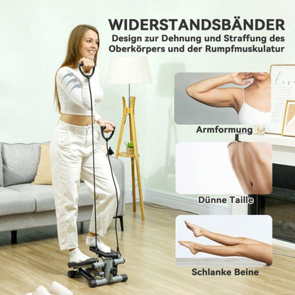 SPORTNOW 2-in-1 Mini Stepper mit Widerstandsseilen, LCD-Display, bis 100 kg, für Ganzkörper-Workout zuhause, Homeoffice Fitness (Grau)