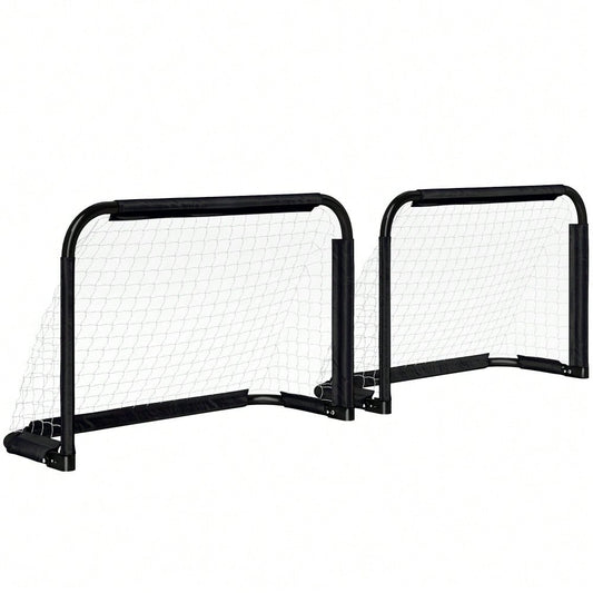 HOMCOM Fußballtor Set 2x Klappbar, Für Kinder & Erwachsene, Metallrahmen, Garten Fußballtore 90x60x36 cm (Schwarz)
